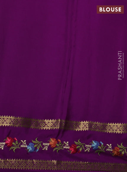 Pure mysore silk saree cream and purple with plain body and zari woven embroidery border