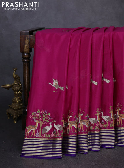 Pure mysore silk saree rani pink and violet with embroidery buttas and embroidery zari woven border