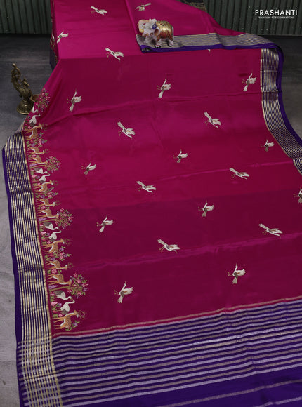 Pure mysore silk saree rani pink and violet with embroidery buttas and embroidery zari woven border
