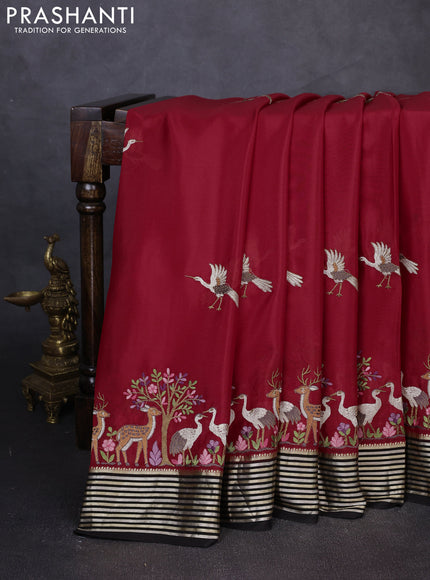 Pure mysore silk saree red and black with embroidery buttas and embroidery zari woven border