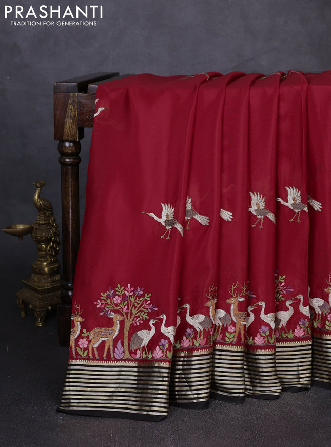 Pure mysore silk saree red and black with embroidery buttas and embroidery zari woven border