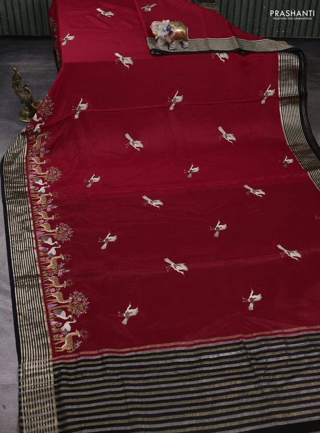 Pure mysore silk saree red and black with embroidery buttas and embroidery zari woven border