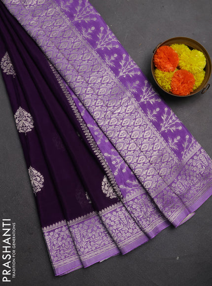 Banarasi semi crepe saree violet and lavender with silver zari woven buttas and silver zari woven border