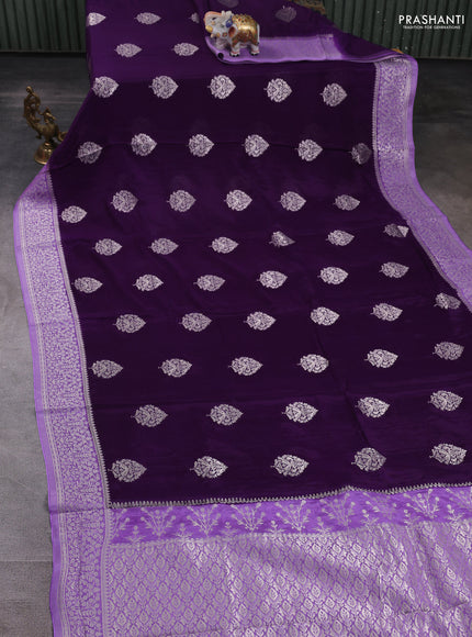 Banarasi semi crepe saree violet and lavender with silver zari woven buttas and silver zari woven border