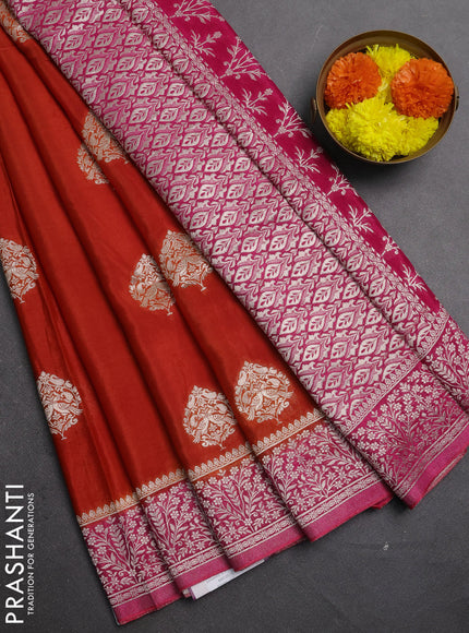 Banarasi semi crepe saree orange and pink with silver zari woven buttas and silver zari woven border