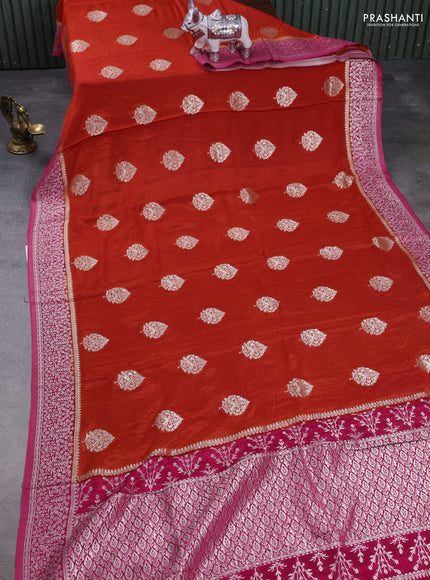 Banarasi semi crepe saree orange and pink with silver zari woven buttas and silver zari woven border