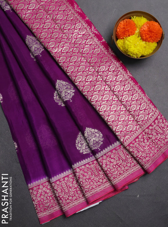 Banarasi semi crepe saree purple and pink with silver zari woven buttas and silver zari woven border