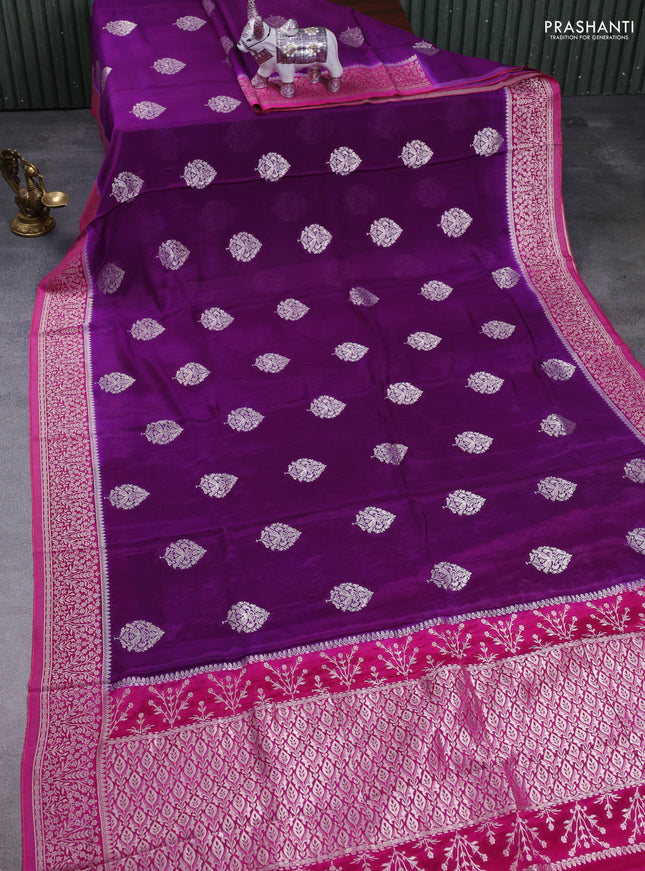 Banarasi semi crepe saree purple and pink with silver zari woven buttas and silver zari woven border
