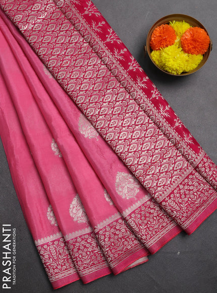 Banarasi semi crepe saree light pink and pink with silver zari woven buttas and silver zari woven border