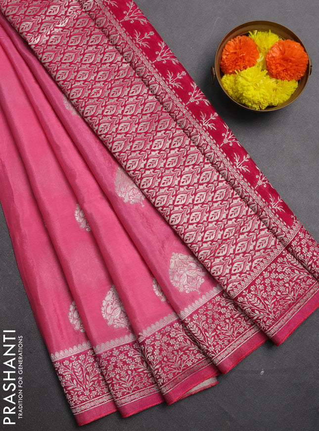 Banarasi semi crepe saree light pink and pink with silver zari woven buttas and silver zari woven border