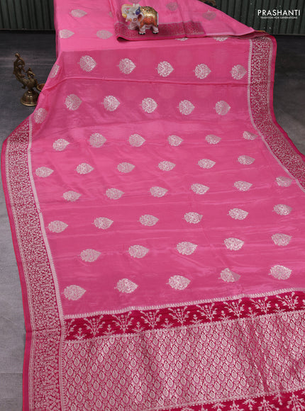 Banarasi semi crepe saree light pink and pink with silver zari woven buttas and silver zari woven border