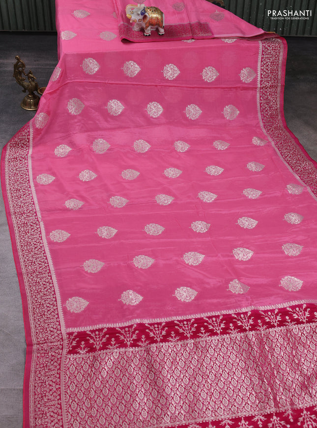 Banarasi semi crepe saree light pink and pink with silver zari woven buttas and silver zari woven border
