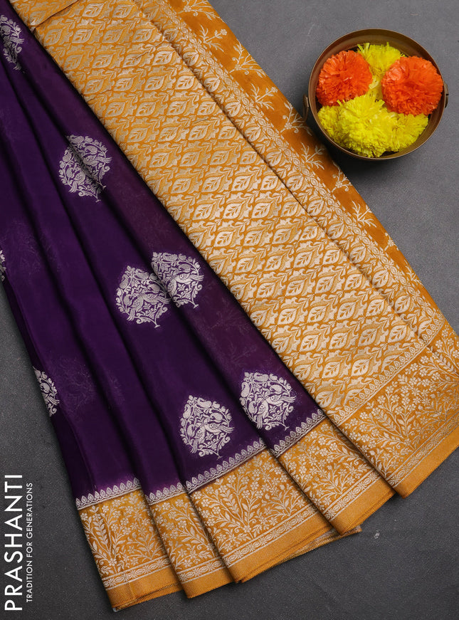Banarasi semi crepe saree violet and mustard yellow with silver zari woven buttas and silver zari woven border