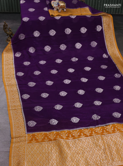 Banarasi semi crepe saree violet and mustard yellow with silver zari woven buttas and silver zari woven border