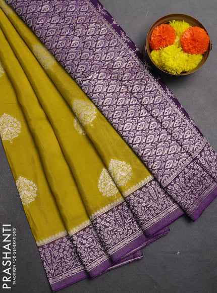 Banarasi semi crepe saree lime yellow and violet with silver zari woven buttas and silver zari woven border