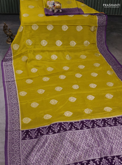 Banarasi semi crepe saree lime yellow and violet with silver zari woven buttas and silver zari woven border