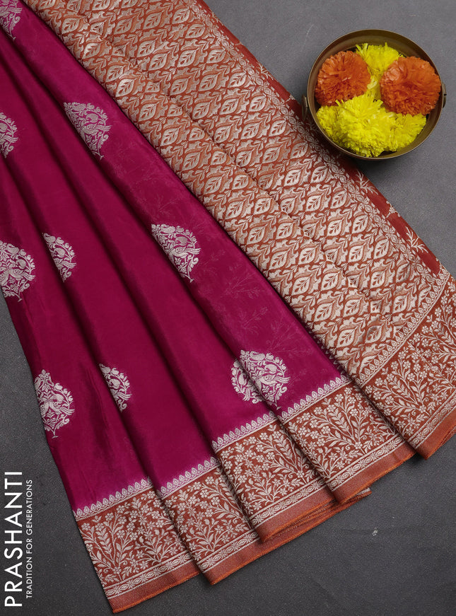 Banarasi semi crepe saree pink and orange with silver zari woven buttas and silver zari woven border