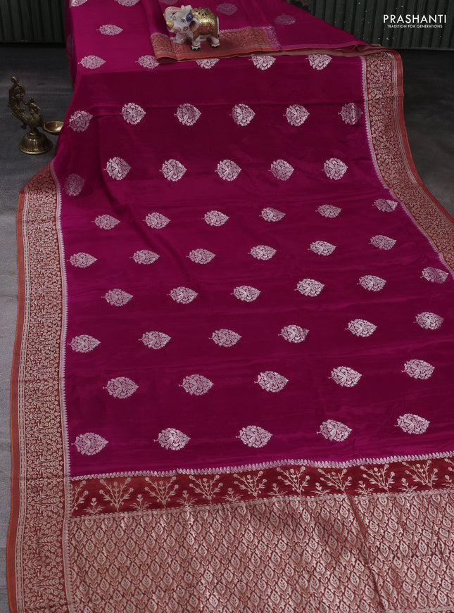 Banarasi semi crepe saree pink and orange with silver zari woven buttas and silver zari woven border