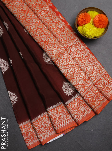 Banarasi semi crepe saree brown and orange with silver zari woven buttas and silver zari woven border