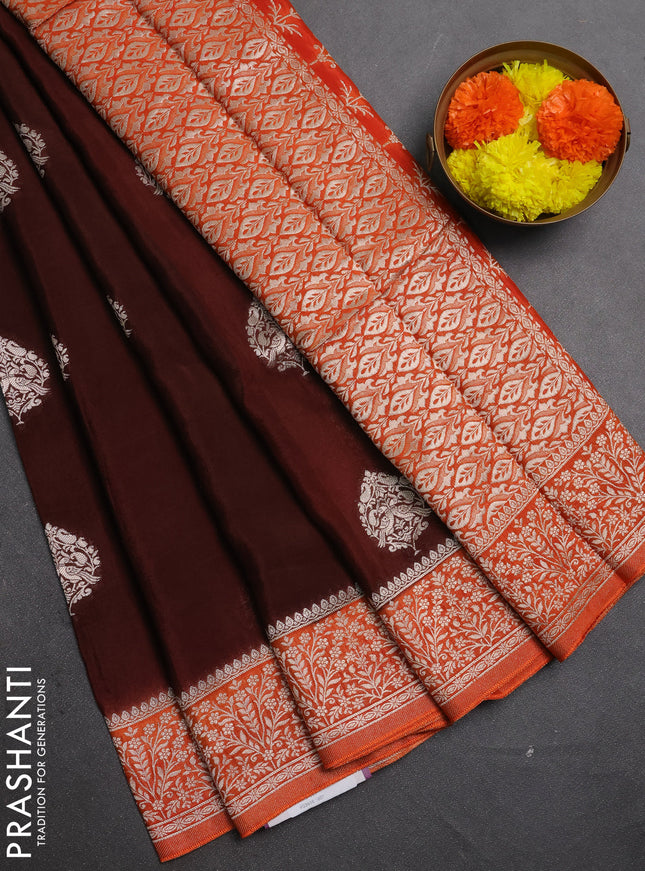 Banarasi semi crepe saree brown and orange with silver zari woven buttas and silver zari woven border