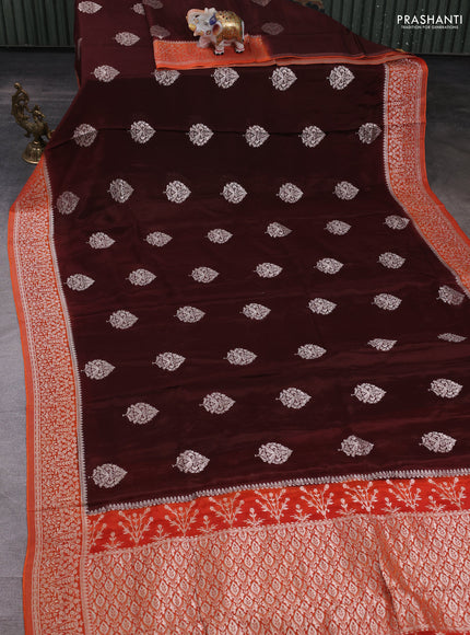 Banarasi semi crepe saree brown and orange with silver zari woven buttas and silver zari woven border
