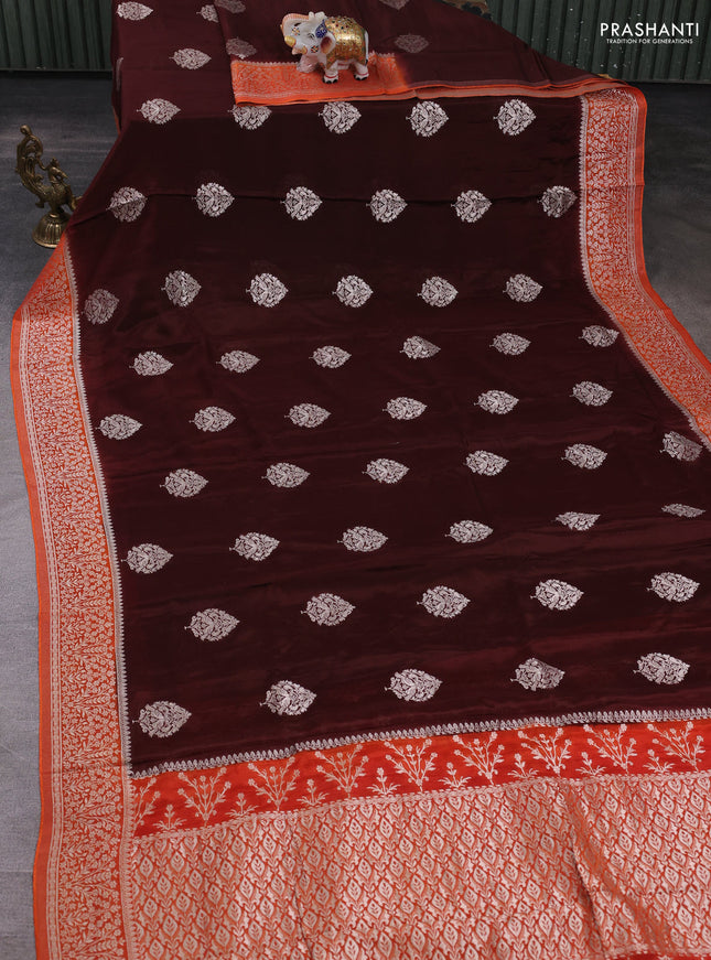 Banarasi semi crepe saree brown and orange with silver zari woven buttas and silver zari woven border