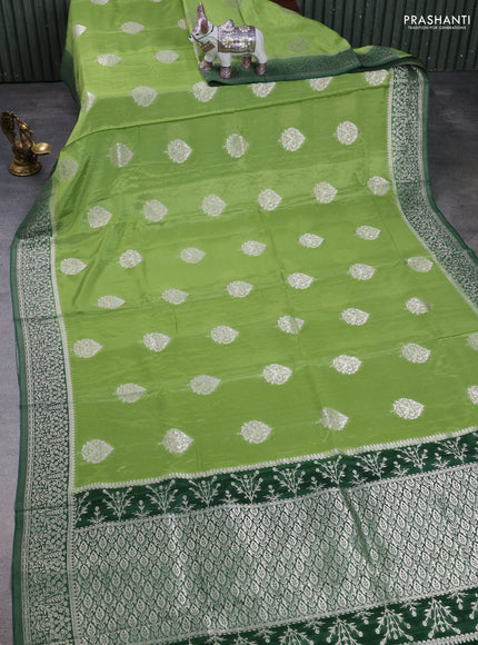 Banarasi semi crepe saree pastel green and green with silver zari woven buttas and silver zari woven border