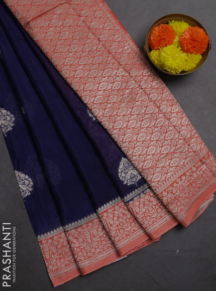 Banarasi semi crepe saree navy blue and peach orange with silver zari woven buttas and silver zari woven border