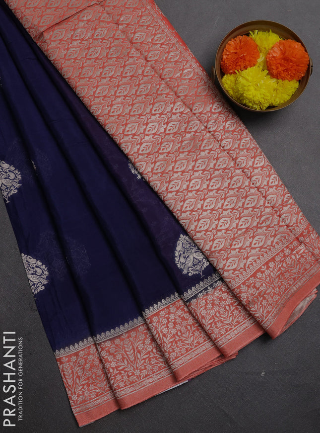 Banarasi semi crepe saree navy blue and peach orange with silver zari woven buttas and silver zari woven border