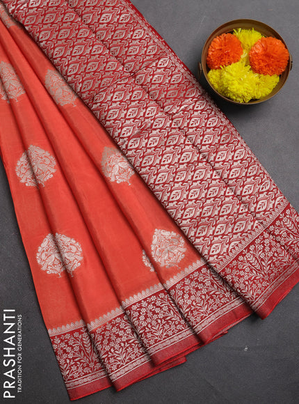 Banarasi semi crepe saree peach orange and maroon with silver zari woven buttas and silver zari woven border