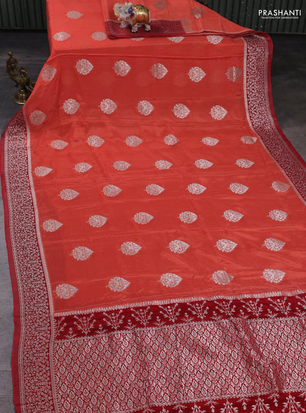 Banarasi semi crepe saree peach orange and maroon with silver zari woven buttas and silver zari woven border