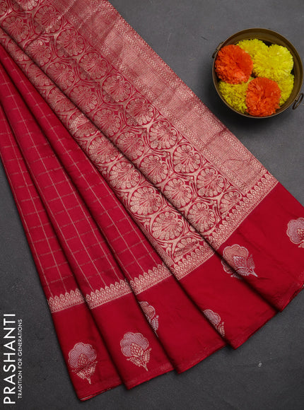 Semi chanderi saree red with allover zari checked pattern and zari woven butta border
