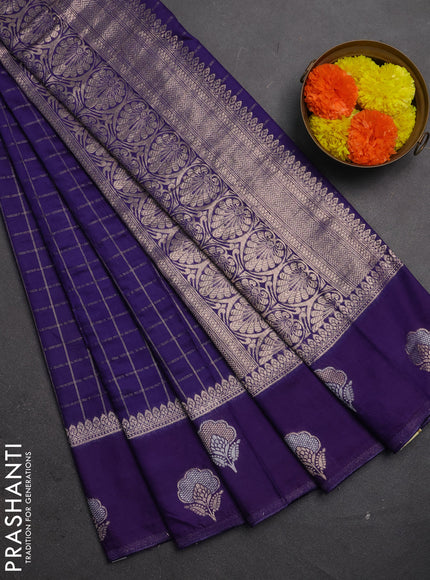Semi chanderi saree violet with allover zari checked pattern and zari woven butta border
