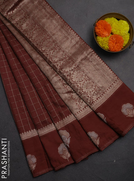 Semi chanderi saree maroon shade with allover zari checked pattern and zari woven butta border