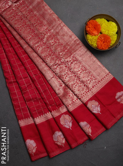 Semi chanderi saree red with allover zari checked pattern and zari woven butta border