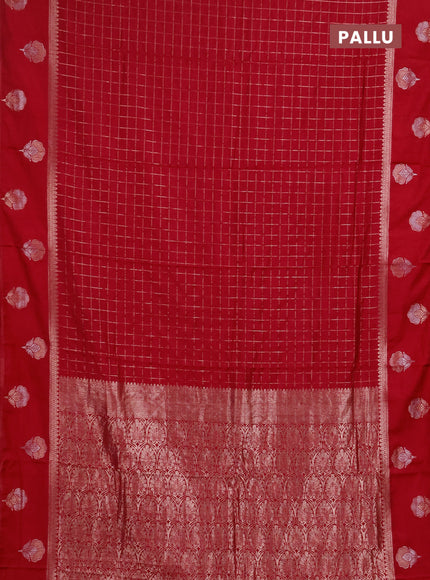 Semi chanderi saree red with allover zari checked pattern and zari woven butta border