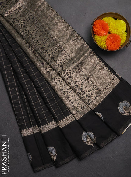 Semi chanderi saree black with allover zari checked pattern and zari woven butta border
