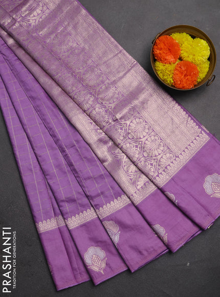 Semi chanderi saree lavender with allover zari checked pattern and zari woven butta border