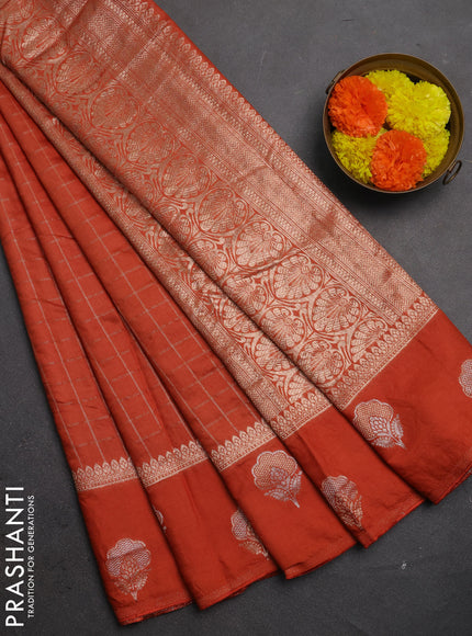 Semi chanderi saree orange with allover zari checked pattern and zari woven butta border