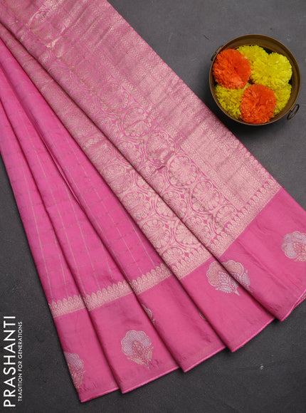 Semi chanderi saree light pink with allover zari checked pattern and zari woven butta border
