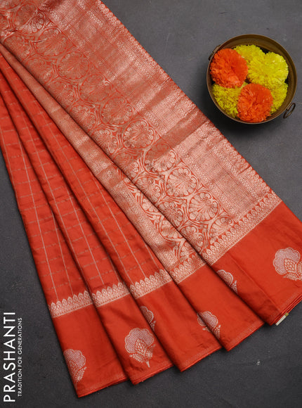 Semi chanderi saree orange with allover zari checked pattern and zari woven butta border