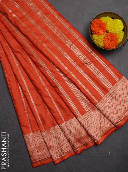 Semi chanderi saree orange with allover zari checked pattern and zari woven border