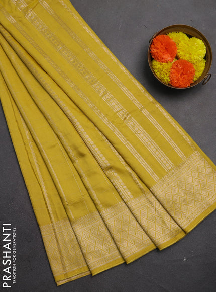 Semi chanderi saree lime yellow with allover zari checked pattern and zari woven border