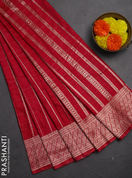 Semi chanderi saree red with allover zari checked pattern and zari woven border