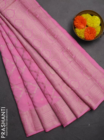 Semi chanderi saree light pink with allover zari weaves and zari woven border