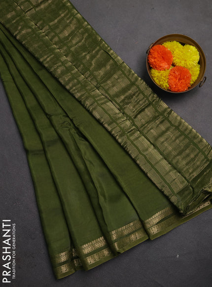 Semi mysore silk saree sap green with plain body and zari woven border