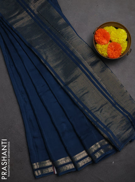 Semi mysore silk saree peacock blue with plain body and zari woven border