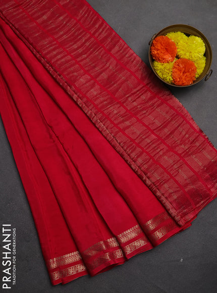 Semi mysore silk saree red with plain body and zari woven border