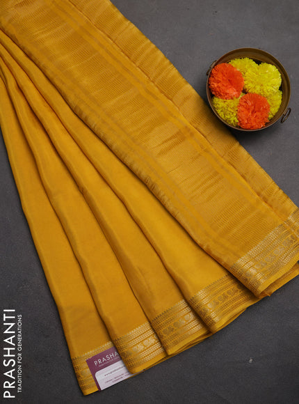 Semi mysore silk saree mustard yellow with plain body and zari woven border