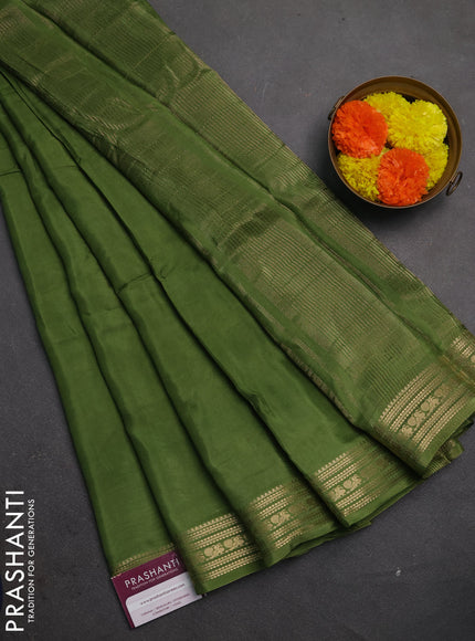 Semi mysore silk saree sap green with plain body and zari woven border